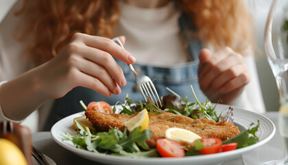 Naklejka premium Woman eating delicious schnitzel with lemon and microgreens at grey table, closeup