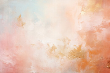 Abstract background with textured gradient soft pastel pink and peach fuzz with distressed paint splatters and strokes on canvas, backdrop for design