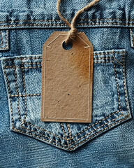 Empty cardboard tag on texture cloth with copy space, empty label on jeans clothes for price, name brand or sale, discount information