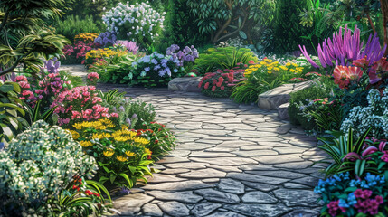 Fototapeta premium A beautiful garden with a stone path and a variety of colorful flowers