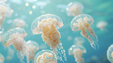 Several jellyfish float underwater, beautiful, fragile marine life, tropical animals living in the sea or ocean