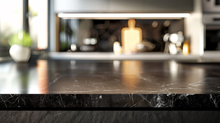 A kitchen counter with a black marble top and a potted plant on the left side