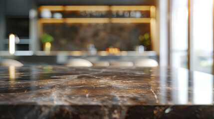 A kitchen with a marble countertop and a view of the outside