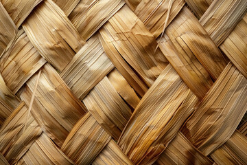 Weaved background of palm leaves, handmade woven wall for interior decoration, textured canvas with intricate pattern