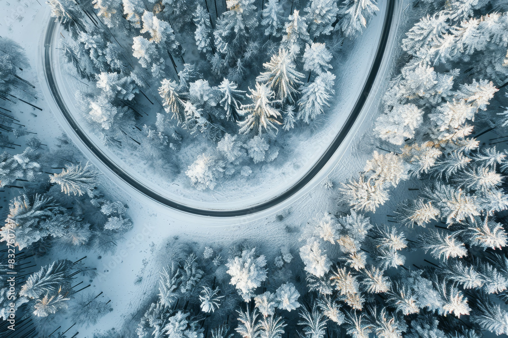 Poster A snowy road with trees in the background