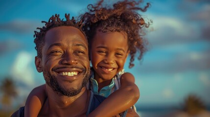 Father and daughter enjoy and happily in nature with quality time together outdoors. Happiness, laughing and family love of a dad and kid in a park enjoying nature hugging with care and a smile