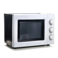 Fototapeta premium A high-resolution photograph of a microwave isolated on a white background, highlighting its sleek design and advanced technology.