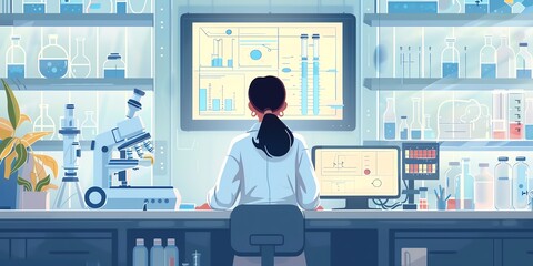 Lab technician in the lab, back view, working with a microscope and hightech research tools
