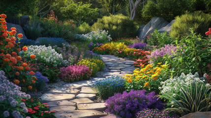 Fototapeta premium A garden path with a stone walkway and colorful flowers