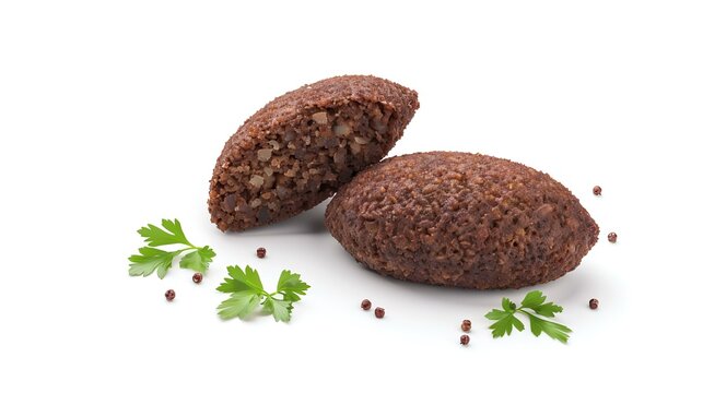 Kibbeh and kibbeh slice on a white background