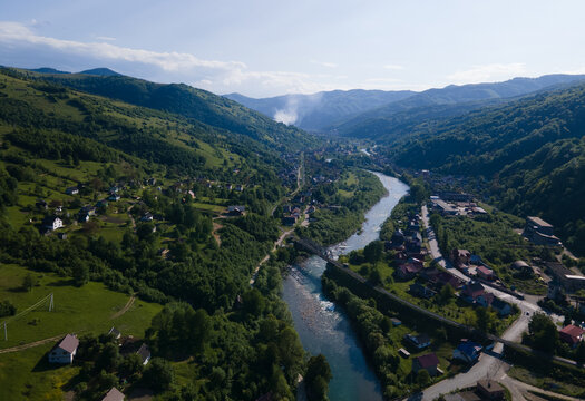 view of the Carpathian Mountains, the Tisza River and the city of Rakhiv, Ukraine
