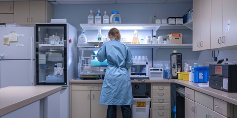 Lab technician in the lab, back view, setting up a controlled experiment, surrounded by lab tools