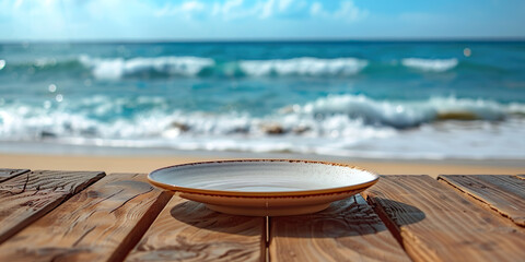 Obraz premium Empty white plate on wooden table, ocean in the background