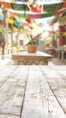 White painted wooden table, space to place advertising, product or brand.  Mexican restaurant outdoors