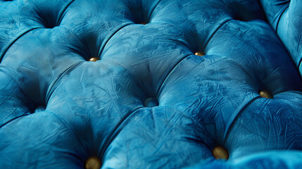 A blue velvet chair with gold buttons