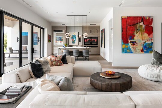 Contemporary living room with a large sectional and modern art pieces.