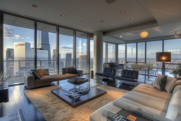 Fototapeta premium Contemporary living room with floor-to-ceiling windows and modern furnishings.