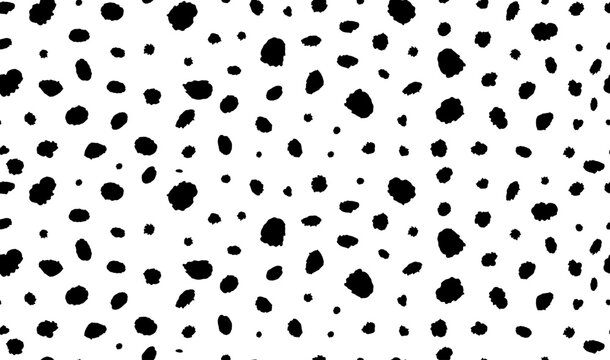Seamless dalmatian animal horizontal pattern. Vector illustration with random ink black spots on white background. Spotted fur animal texture of dog, leopard, cow. Hipster polka dot print