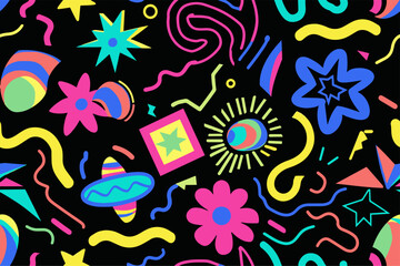 Fototapeta premium Fun shapes children seamless pattern. Flower geometric neon bright color funky groovy 90s cartoon isolated print pattern. Vector illustration on black background
