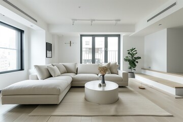 Minimalist living room with a monochromatic color palette and clean lines.