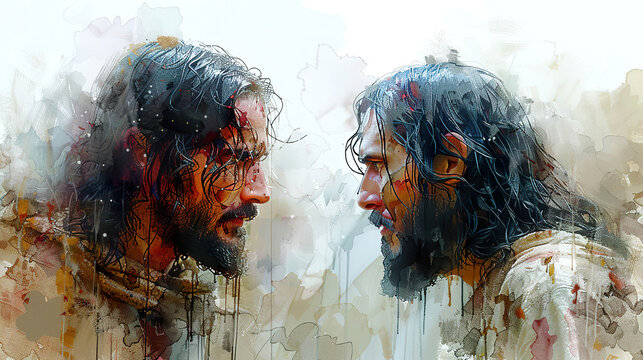 Sacred Portrait of Jesus Christ and St. John the Baptist at Baptism. Generated by AI