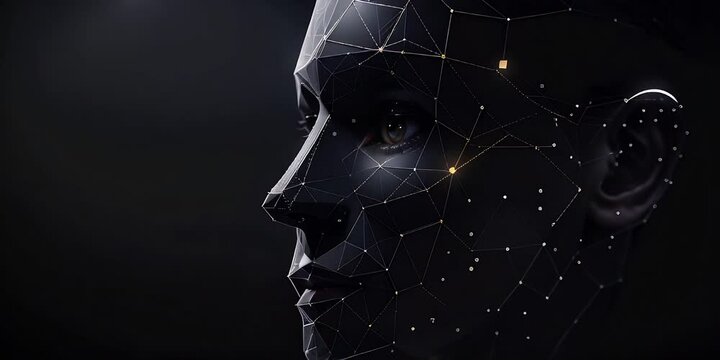 human face shape dark background glowing network, web of data and connectivity integral to artificial intelligence and facial recognition technology