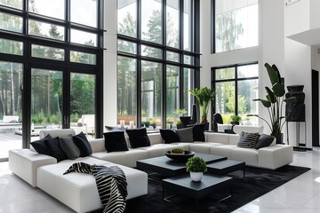 Modern living room with black and white decor and large windows.