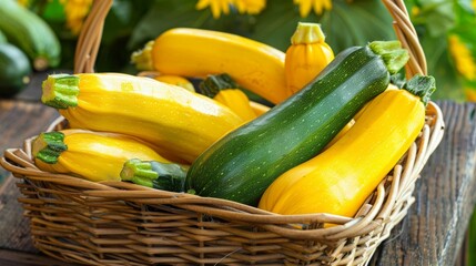 A basket of freshly harvested zucchini and yellow squash perfect for grilling or sautÃ©ing.