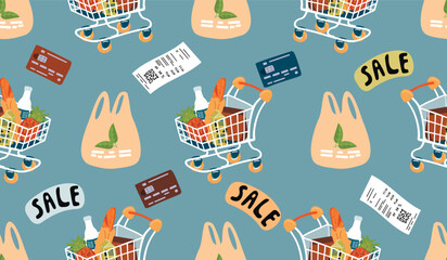 Cartoon seamless pattern with shopping cart with wheels and food packages.Colorful  background with eco package, sales receipt, bank card.Vector design for use in banner template,print on fabric
