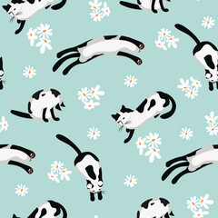 Funny seamless pattern with black and white cats surrounded by daisies.Animal background blue color with cute pets and  flowers.Vector design for printing on fabric and paper,cover,nursery decor.
