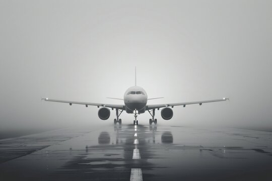 Truck on foggy runway with distant plane
