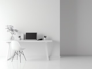 Minimalist white office space with modern desk, laptop, chair, and decorations. Clean, simple, and stylish workspace design.