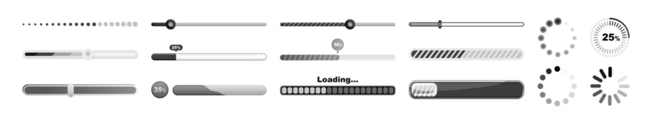 Set of vector loading icons. Percentage loading bar infographic icon set 0-100% in black colour. Load bar collection on transparent background