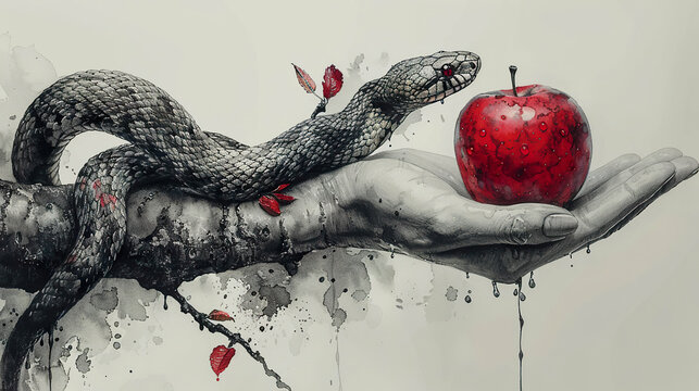 The Temptation of Eve: Serpent's Deceit with the Forbidden Fruit. Generated by AI