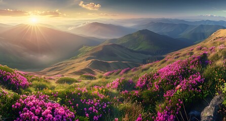 A panoramic view of the Carpathian Mountains at sunrise, with colorful rhodanthus flowers blooming on grassy hills