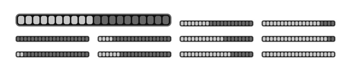 Set of vector loading icons. Percentage loading bar infographic icon set 0-100% in black colour. Load bar collection on transparent background