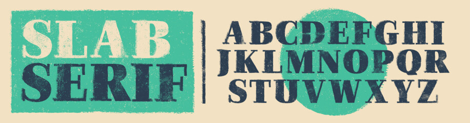 Rough Texture Font, Bold Slab Serif. Individually textured characters with an eroded rough letterpress print texture. Unique design font