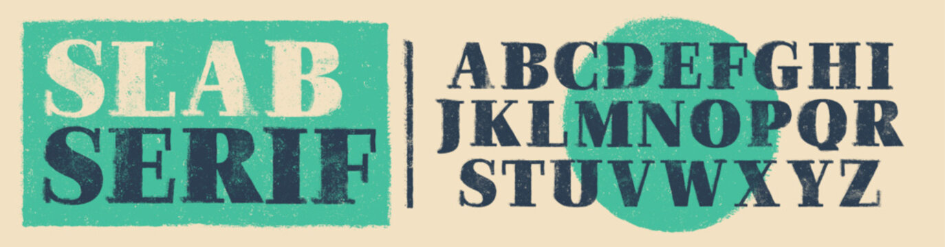 Rough Texture Font, Bold Slab Serif. Individually textured characters with an eroded rough letterpress print texture. Unique design font