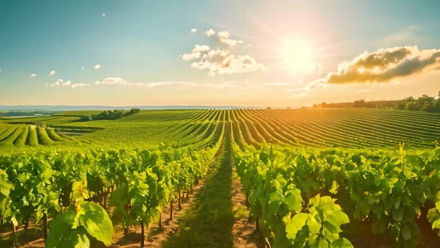 Sun Shining Over Large Vineyard, A picturesque vineyard, with rows of grapevines stretching towards the horizon under the summer sun