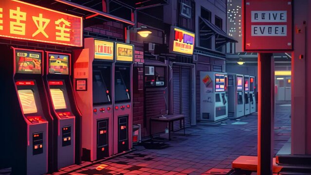 A line of vending machines placed along the side of a street, ready to provide snacks and drinks to passersby, A pixelated retro arcade game design