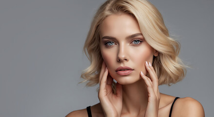 Naklejka premium A gorgeous blonde-haired, slightly smiling young woman