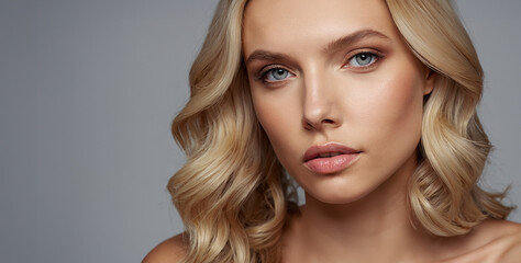 Naklejka premium A gorgeous blonde-haired, slightly smiling young woman