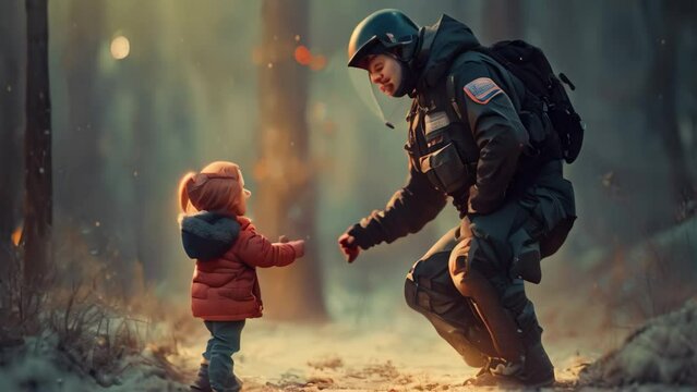A police officer guides a young girl through the snow, presumably helping her find her parent, A police officer helping a lost child find their parents