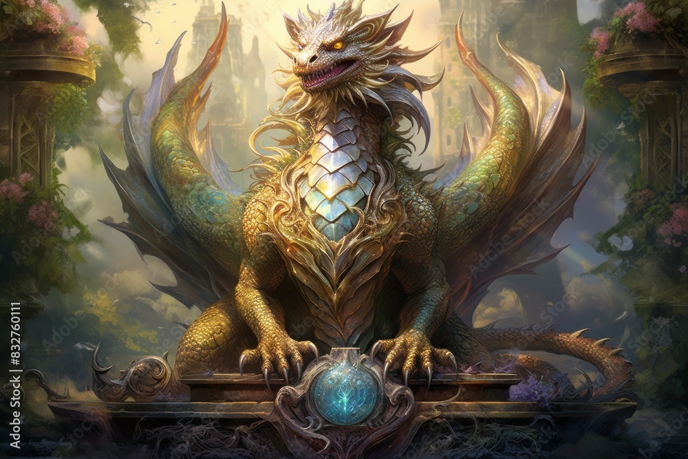 Wall mural A wise and ancient dragon, with scales that shimmer in the sunlight and the power of ancient magic. - Generative AI