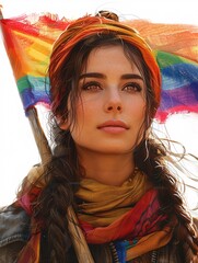 A female character portrait and a confident expression, holding a rainbow flag, isolated on a white background.
