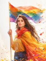 A female character portrait and a confident expression, holding a rainbow flag, isolated on a white background.