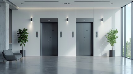 Modern passenger or cargo elevators, lifts with closed, opened and half closed, metallic cabins doors, floor indicators digits and glossy flooring in empty corridor 3d realistic vector illustration
