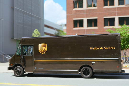Massachusetts, USA - 29 May 2024. UPS brown big delivery vehicle is parked on a street