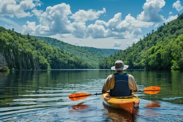 Senior Caucasian man kayaking on a clear lake with a backdrop of forested hills under a cloudy sky.