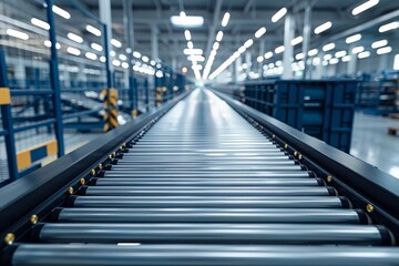 Conveyor belt in factory with shelves